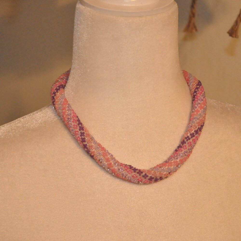 Pink and Purple Bead Crochet Mid-Length Necklace